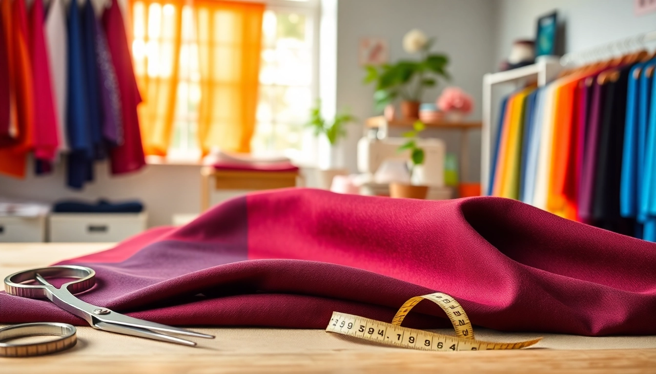 Punta di Roma stof in een designer studio met rijke kleuren en naai-accessoires.