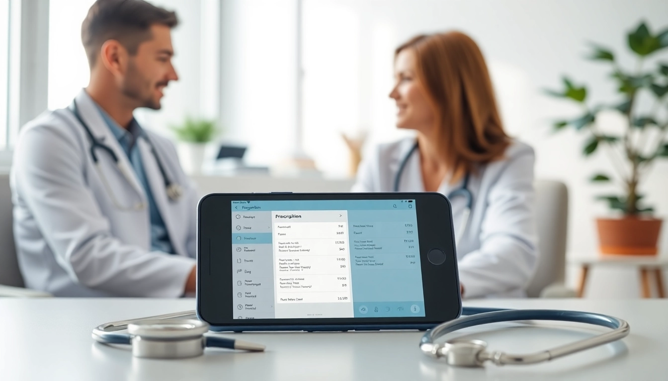 Highlighting benefits of mobile eprescription with a doctor and patient in a modern healthcare environment.