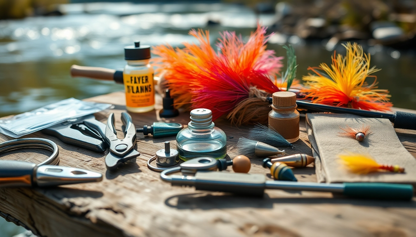 Showcase of Fly fishing accessories, emphasizing nippers and floatants on a rustic wooden table.